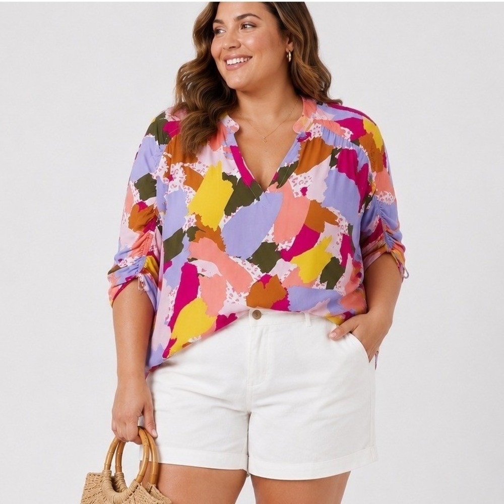 Eloquii Elements Plus Size 24 Abstract Print V-Neck Ruched Sleeve Top Rayon Boho